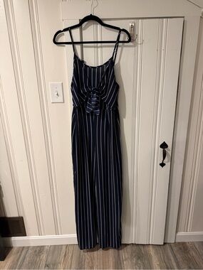 Navy Blue Vertical Stripe Spaghetti Strap Maxi Jumpsuit
